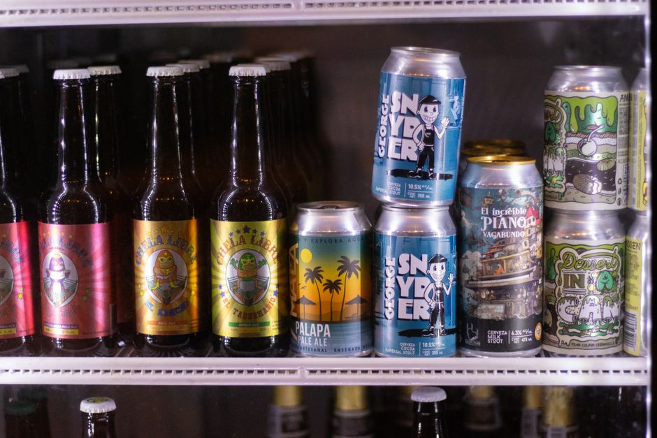 Closeup of craft beer bottles and cans