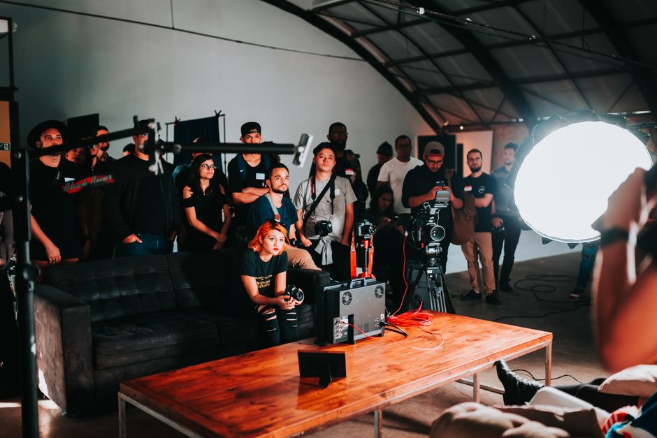 Creative team brainstorming and collaborating in a modern studio space