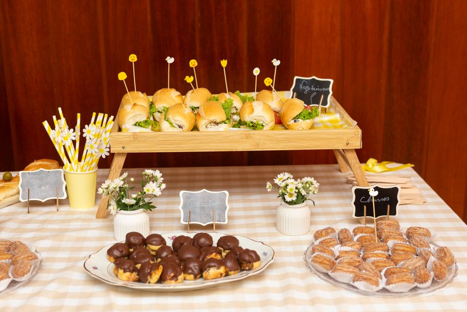 Fresh made sandwiches and snacks on a wooden platter