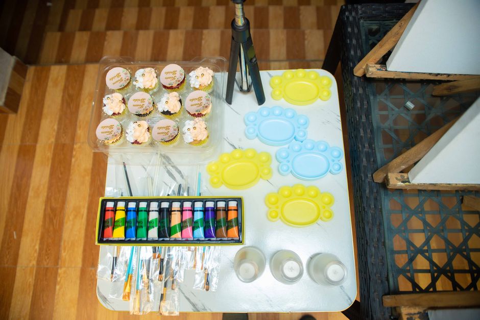 Bright and creative baking studio with kitchen setups