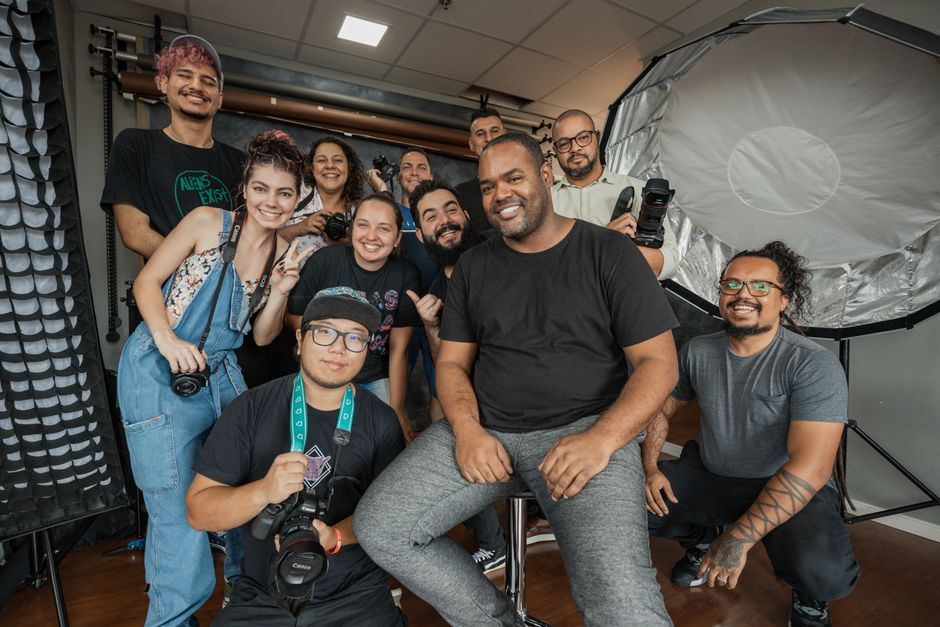 Diverse group of digital content creators collaborating in a creative studio