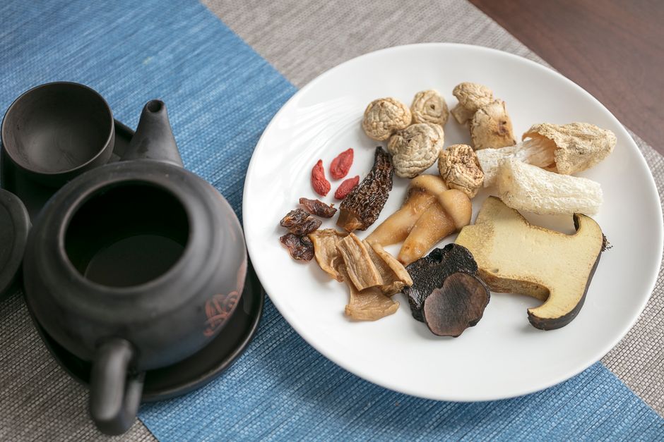 Assorted dried medicinal and edible Asian mushrooms