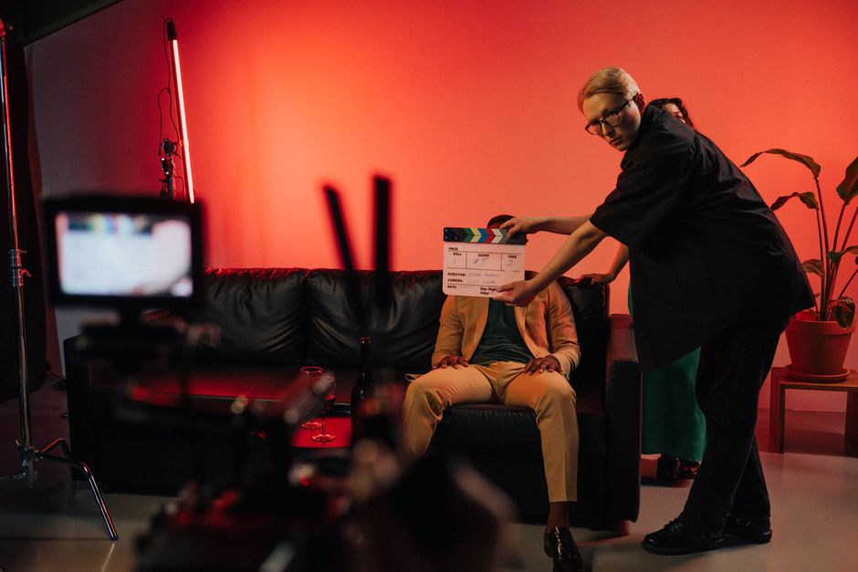 Behind the scenes of a television series production with actors and crew