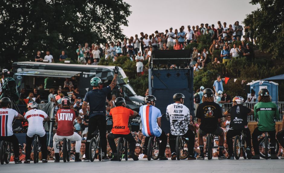 BMX stunt team group portrait in action