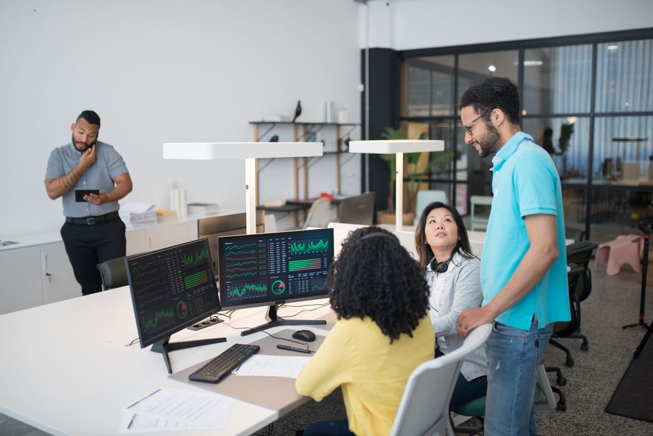 Professional team collaborating in a bright office