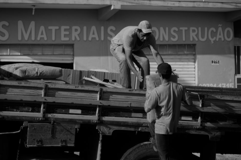 Workers carefully loading potted plants onto a delivery truck