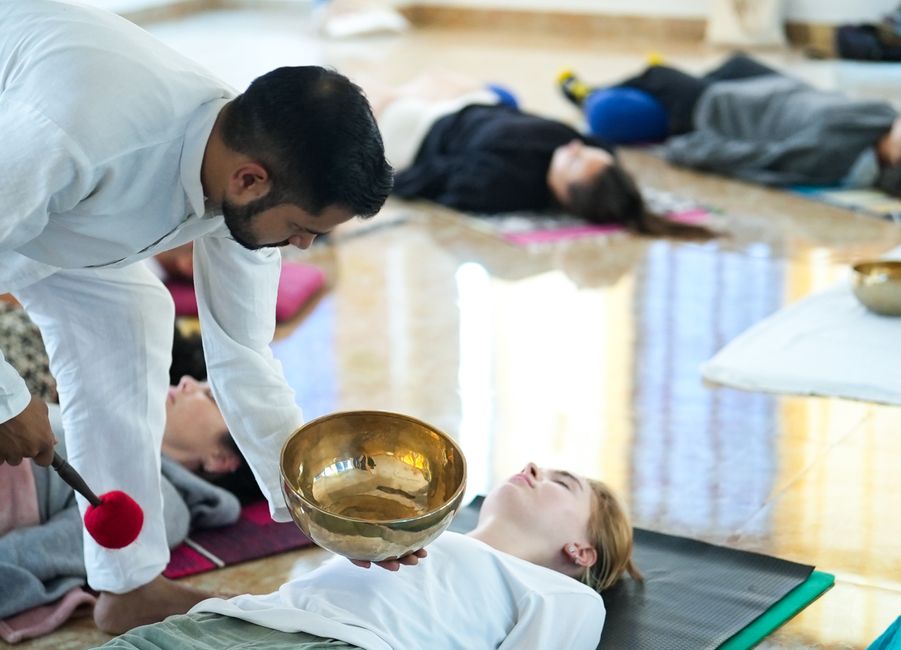 Wellness group participating in a sound healing session.