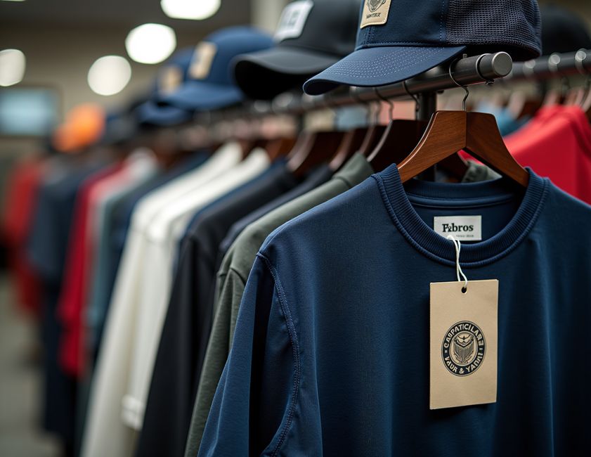 Branded T-shirts displayed on rack