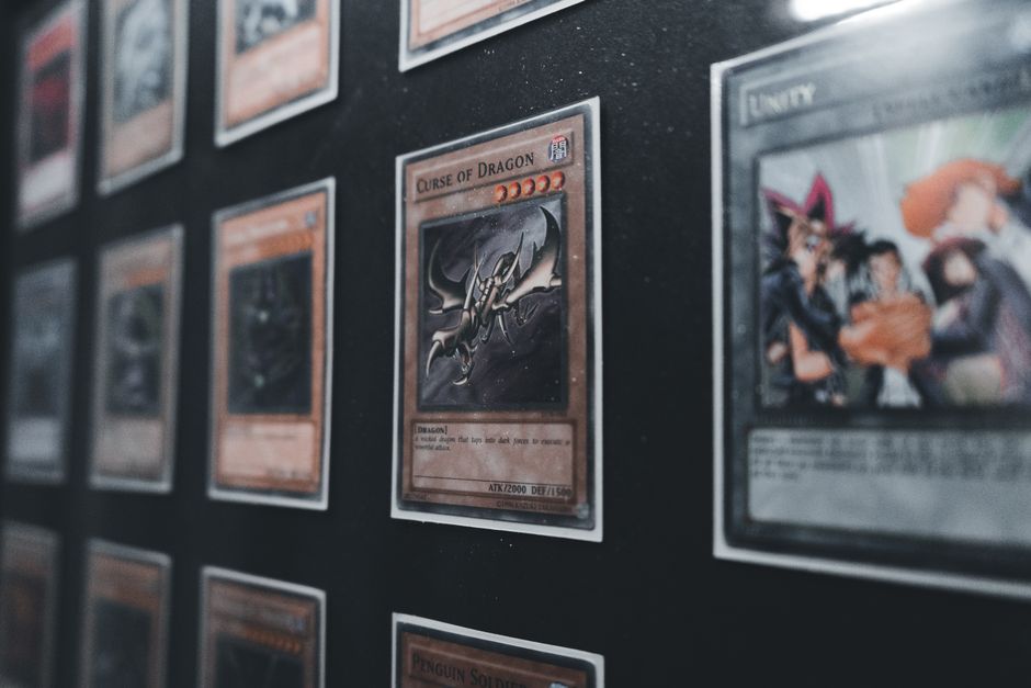 Yu-Gi-Oh! trading cards on display