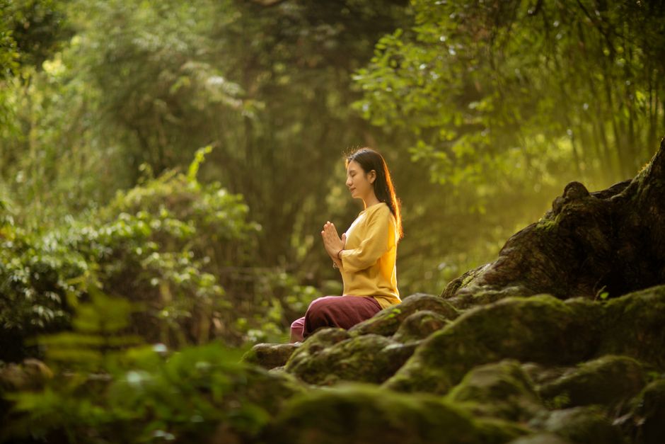 Attendees at a spiritual seminar or retreat in a natural setting