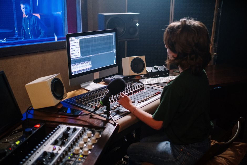 Professional studio with acoustic treatment and AV equipment