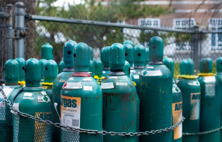 Industrial high-pressure gas cylinders prepared for fumigation use