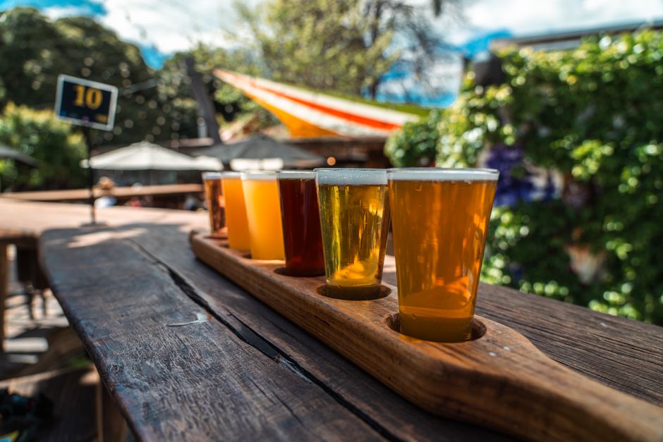 Selection of craft beers served as tasting flight at a bar