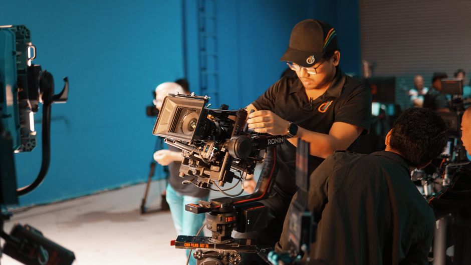 Media production set with technical crew