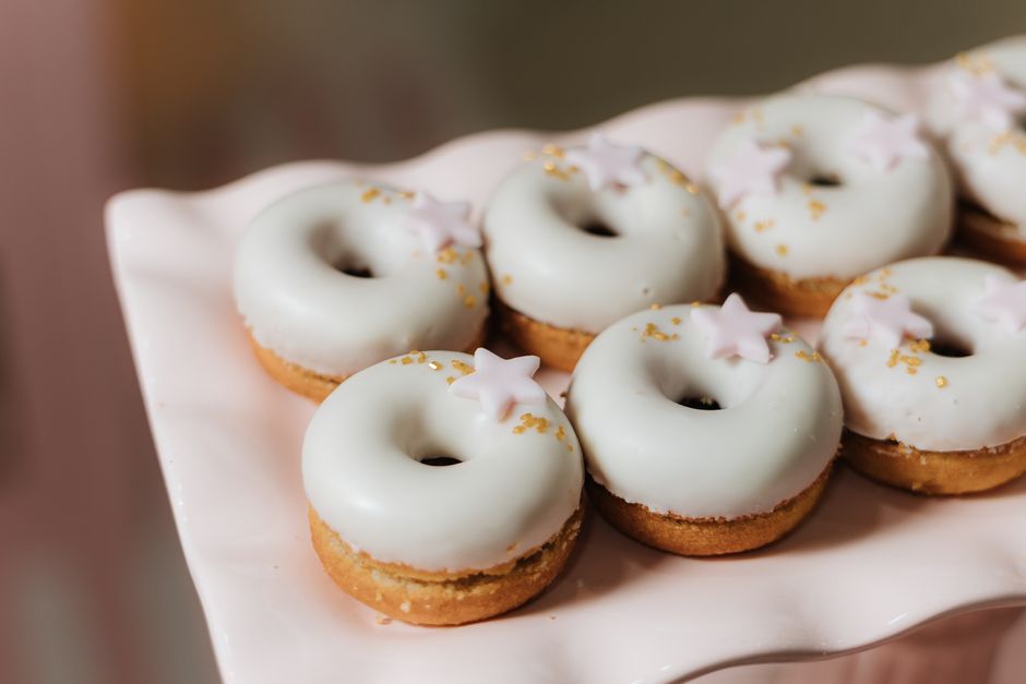 Decorated donuts and pastries for a party
