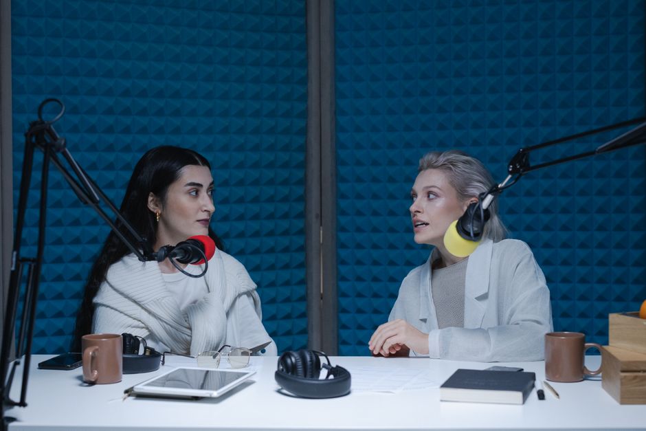 Recording a podcast session with microphones and audio equipment