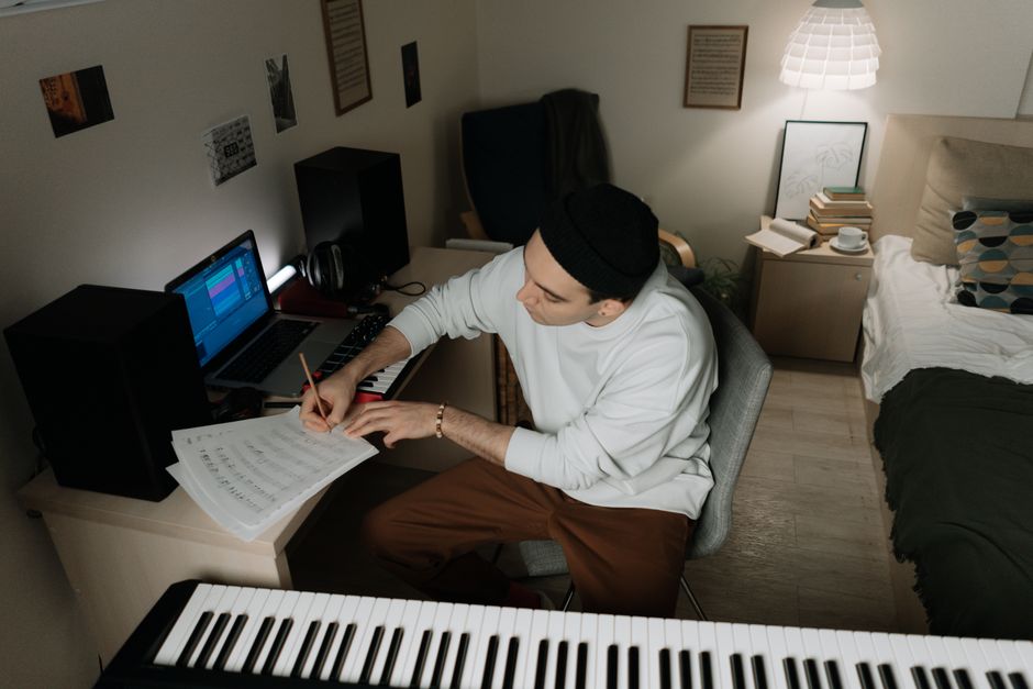 Composer at work in a professional recording studio