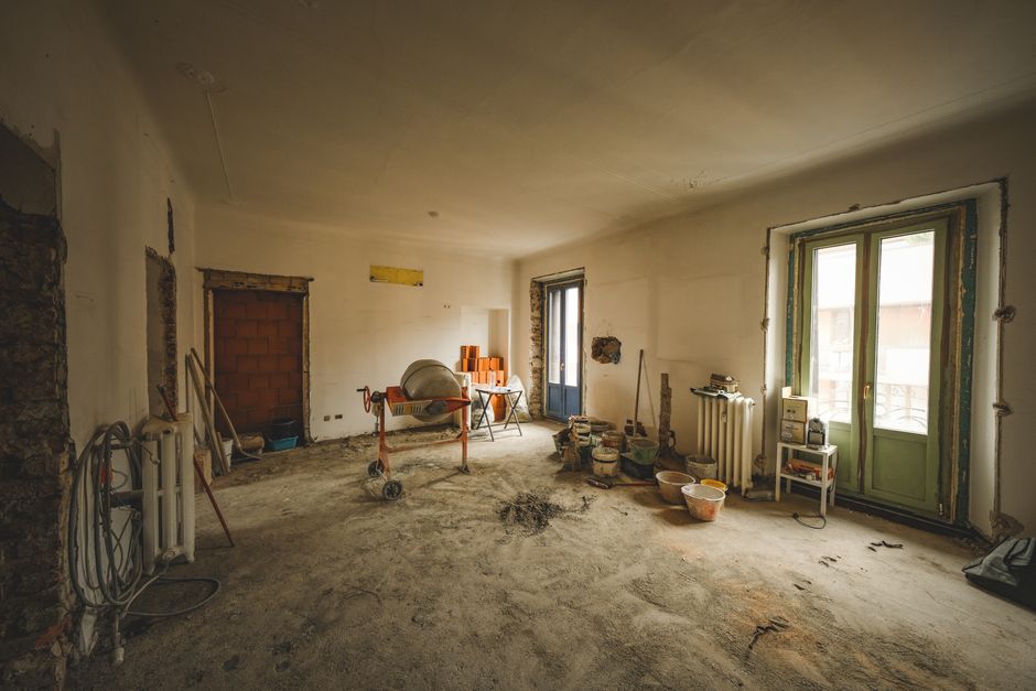 In-progress home interior remodel with tools and materials