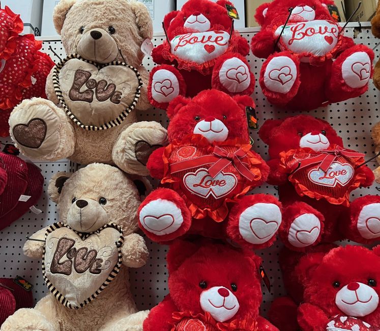 Plush bears and soft toys displayed in store