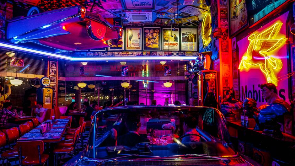 Interior of a casual American restaurant with diners
