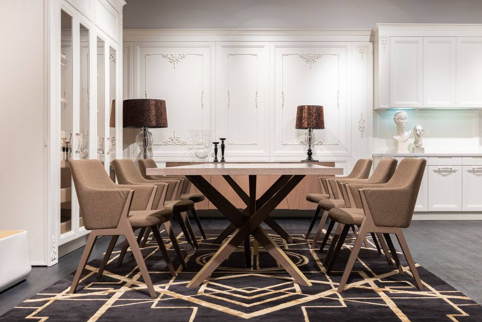 Dining table with chairs and tableware