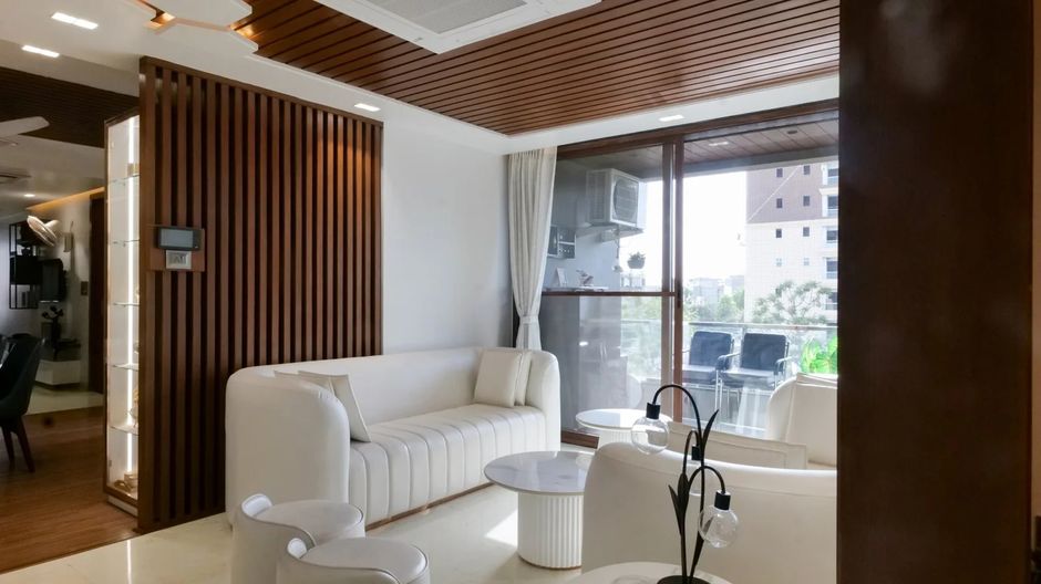 Custom wood furniture in a contemporary living room setting