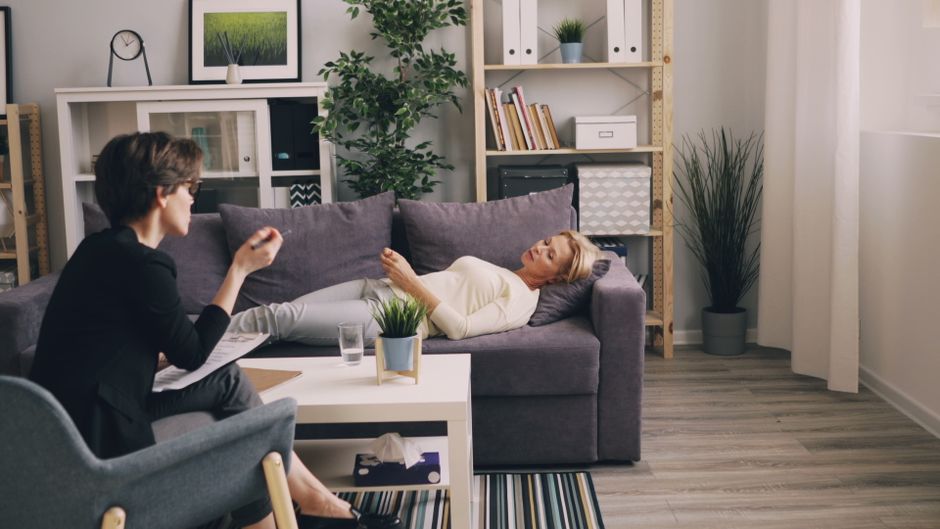 Psychotherapy office with comfortable chairs in natural light