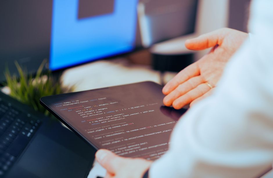 Developer working on software code and computer interface