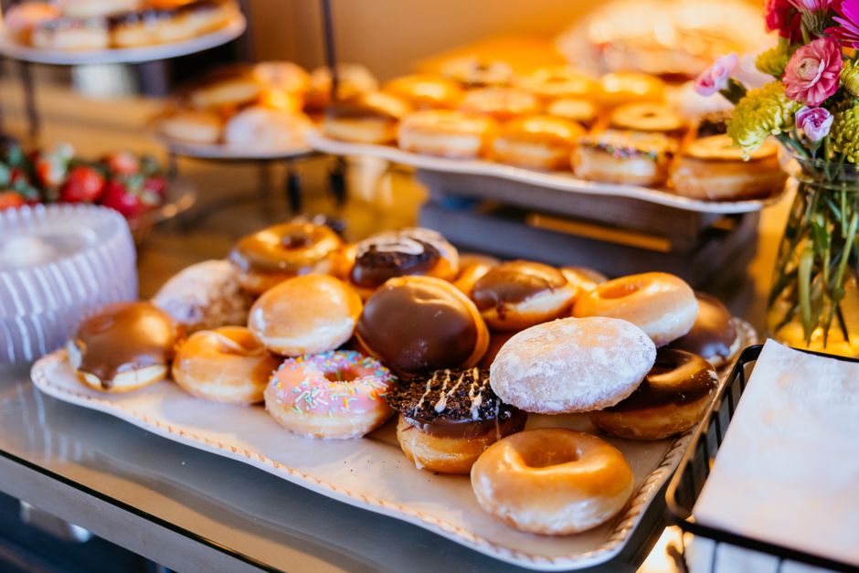 Corporate breakfast catering with donuts and coffee