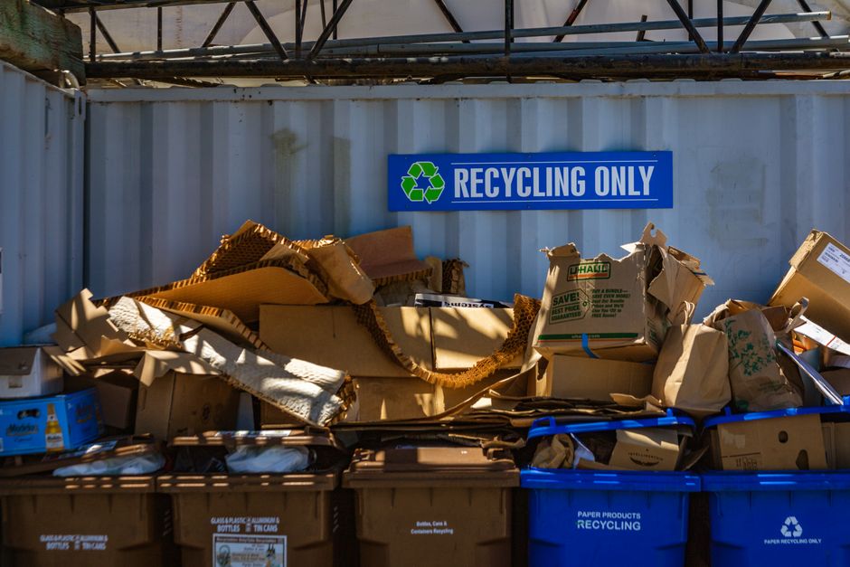 Recycling bins and waste segregation at a recycling center