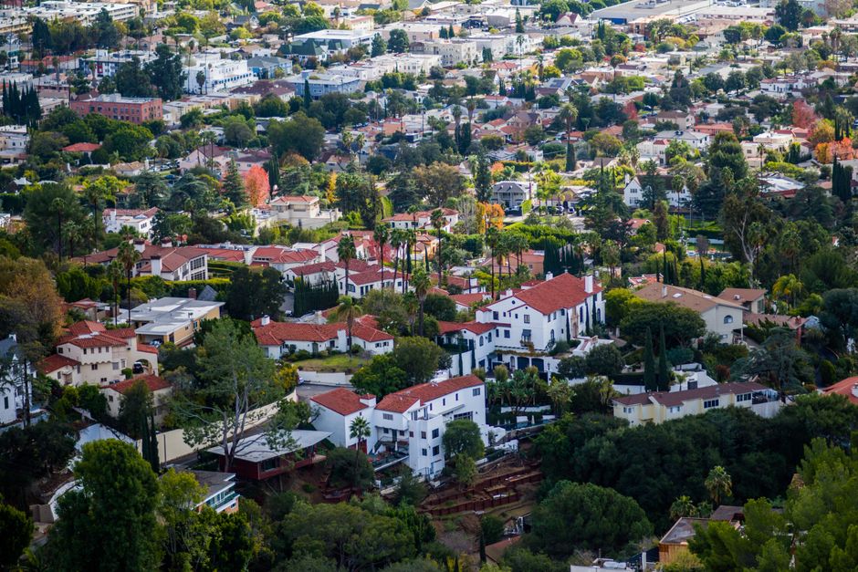 Residential street scene in West Los Angeles with apartment buildings