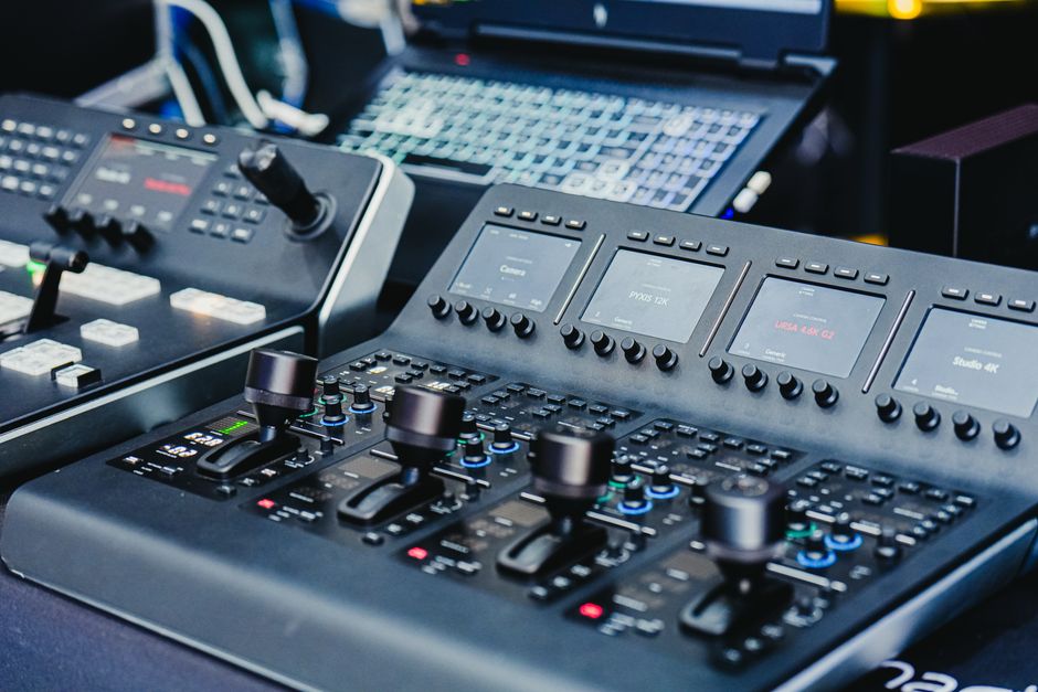 Modern video and audio production equipment in a studio environment