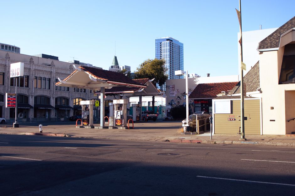 Shell fuel station with gas pumps in Oakland, California