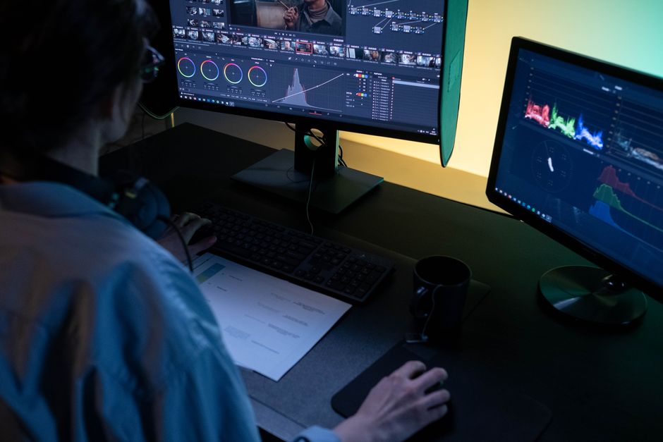 Post-production video editor working on footage