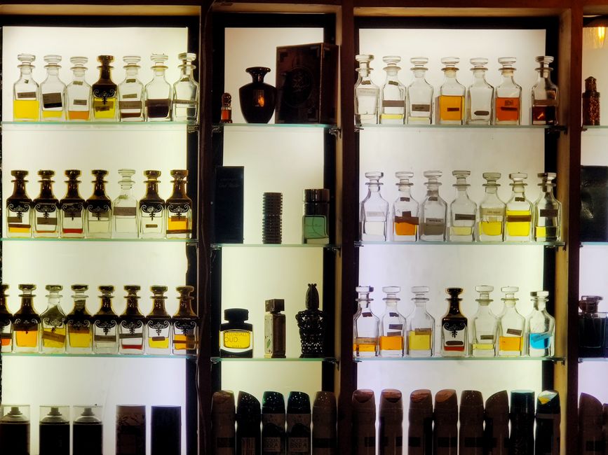 Beautiful perfume bottles arranged on a boutique shelf in sunlight.