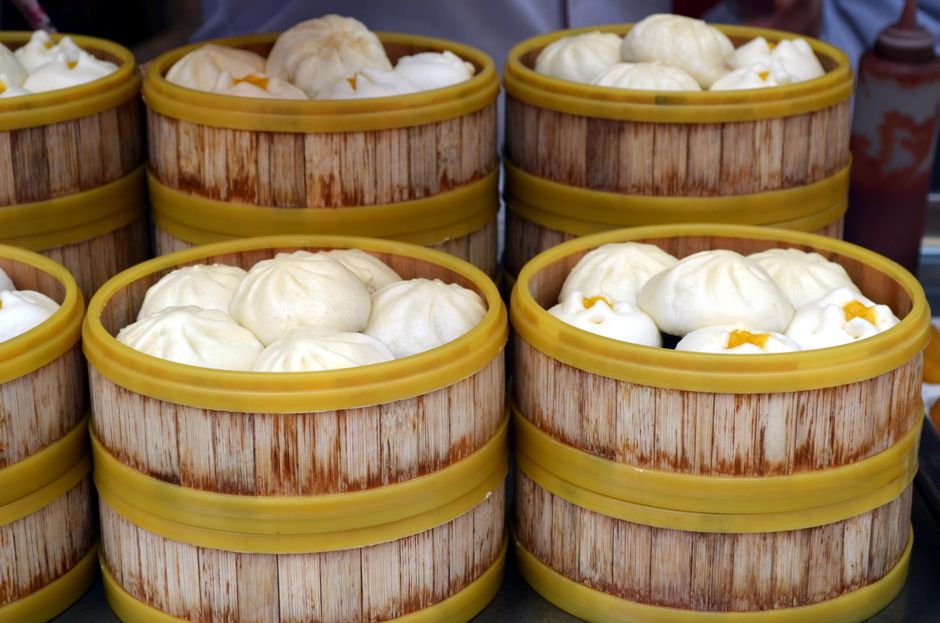 Assorted Chinese bao buns on a platter.