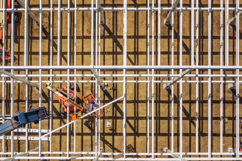 Steel frame being erected on a commercial building site
