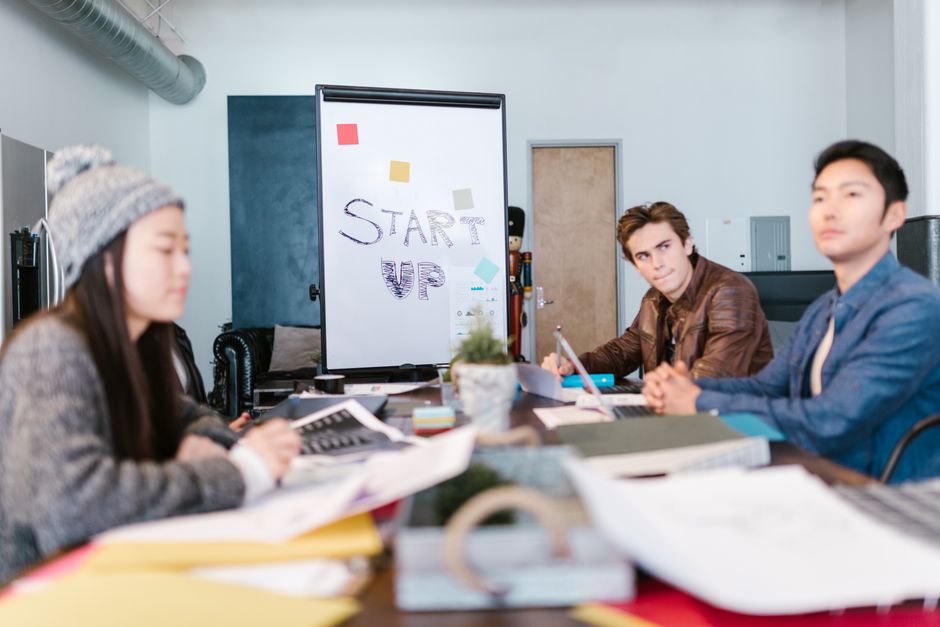 Tech startup team presenting to investors