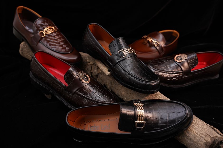 Luxury leather loafers in a row
