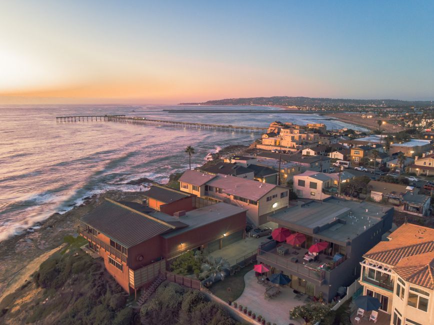 San Diego coastline with luxury homes at sunset